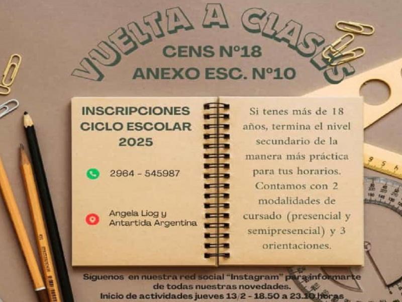 Continan abiertas las inscripciones en el CENS N 18 Anexo Escuela N 10 