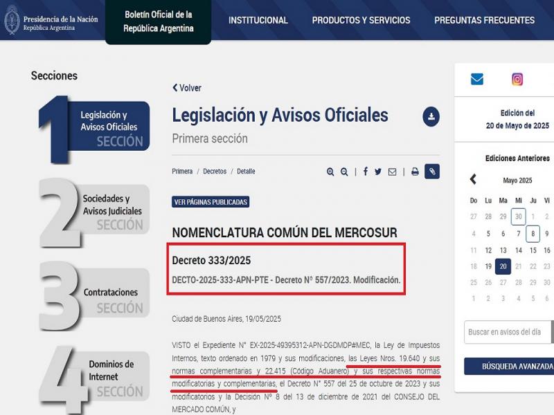 El Gobierno nacional publicó el Decreto Nº 333/2025 sobre quita de aranceles