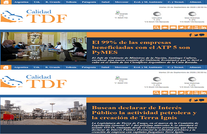 El posicionamiento de www.calidadtdf.com.ar lo ubica tambin, comparativamente, liderando los rankings de portales de noticias de las provincias de Santa Cruz y Chubut.