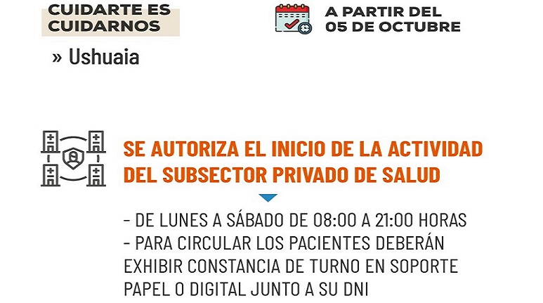 En Ushuaia se autoriza el inicio de la actividad del Subsector Privado de Salud de lunes a sbado en el horario de 08 a 21 horas. Para circular los pacientes debern exhibir constancia de turno en soporte papel o digital, junto a su DNI.