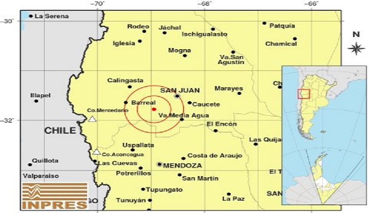 Segn inform el INPRES, el epicentro se registr a 48 km al Suroeste de San Juan, 120 km al Norte de Mendoza, 49 km al Noroeste de Media Agua. Tuvo una profundidad de 10 kilmetros.