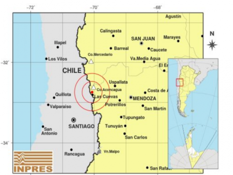 El sismo fue de 5,8 grados en la escala de Richter y el epicentro se localiz a 7 kilmetros al norte de Las Cuevas, una localidad del departamento Las Heras. No se registraron vctimas ni daos materiales de importancia.