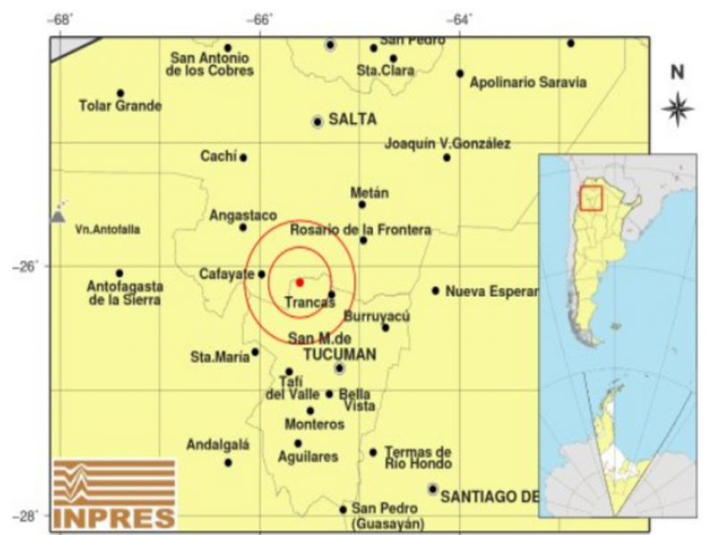 El epicentro fue a 34 kilómetros al oeste de la localidad de Trancas, ubicada en el límite con la provincia de Salta, y a 84 km al noroeste de San Miguel de Tucumán. Una réplica de 3.1 tuvo lugar a las 6:05 de la mañana.