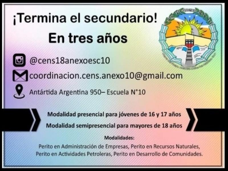 La inscripcin es para aquellos jvenes que hayan finalizado sus estudios primarios, como as tambin para aquellos estudiantes que no lograron la continuidad en la escuela media y deseen concluir el nivel secundario en tres aos.