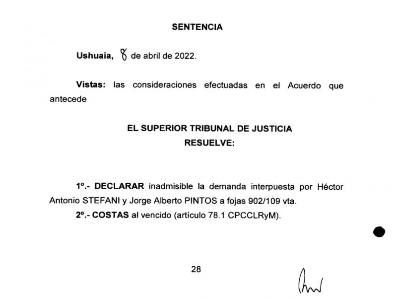 El pedido de inconstitucionalidad de Hctor Stefani a las elecciones de Convencionales Constituyentes en la ciudad de Ushuaia, fue declarado inadmisible por el Superior Tribunal de Justicia de Tierra del Fuego. 