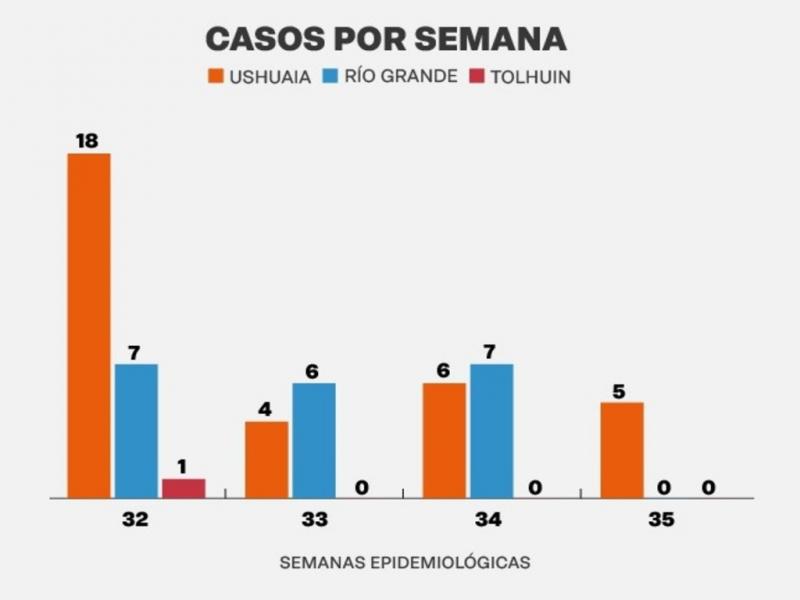 El Ministerio de Salud de Tierra del Fuego informó que entre el domingo 28 de agosto y el sábado  3 de septiembre se notificaron 5 nuevos casos de COVID-19 contra los 13 que habían sido informados la semana pasada.