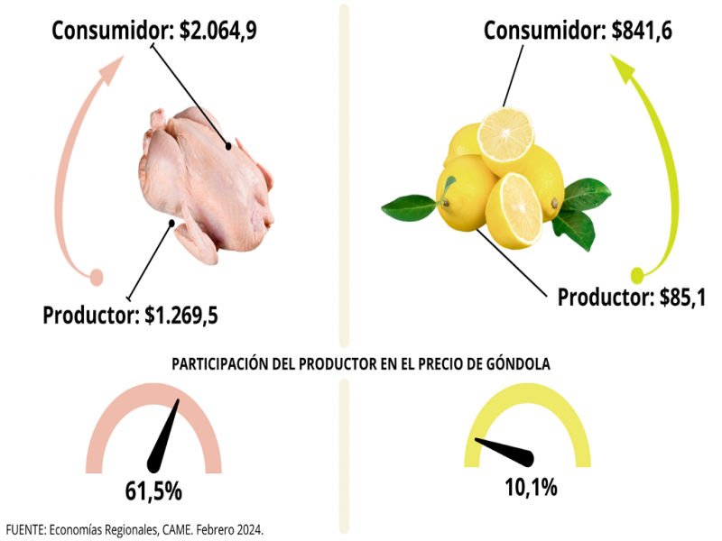 En promedio, la participacin del productor explic el 28% de los precios de venta final. La mayor participacin la tuvieron los productores de pollo (61,5%), mientras que la menor fue para los de limn (10,1%).