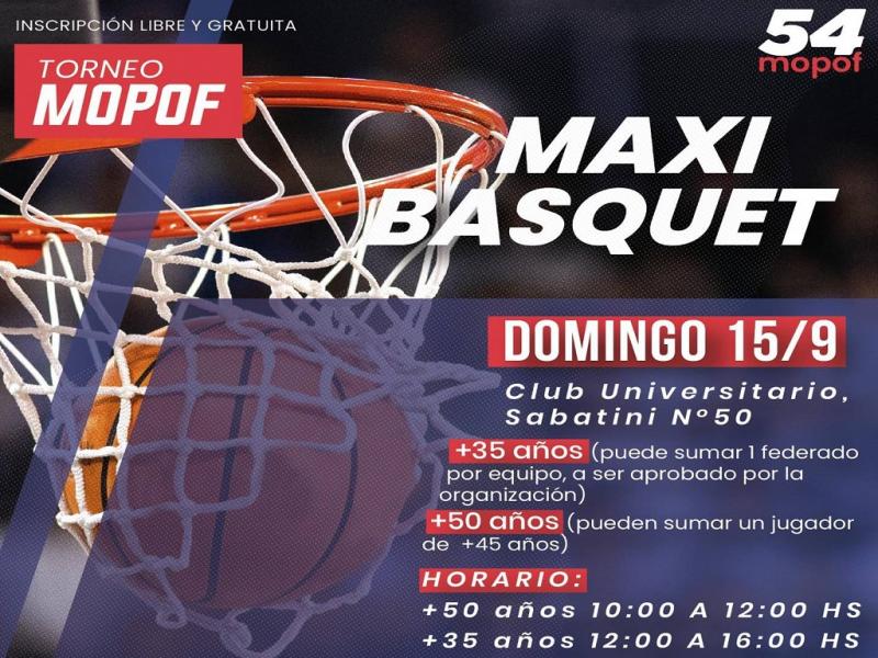 El torneo MOPOF de Maxi-Basquet se inicia este domingo 15 de setiembre en las instalaciones del Club Universitario de la ciudad de Ro Grande.