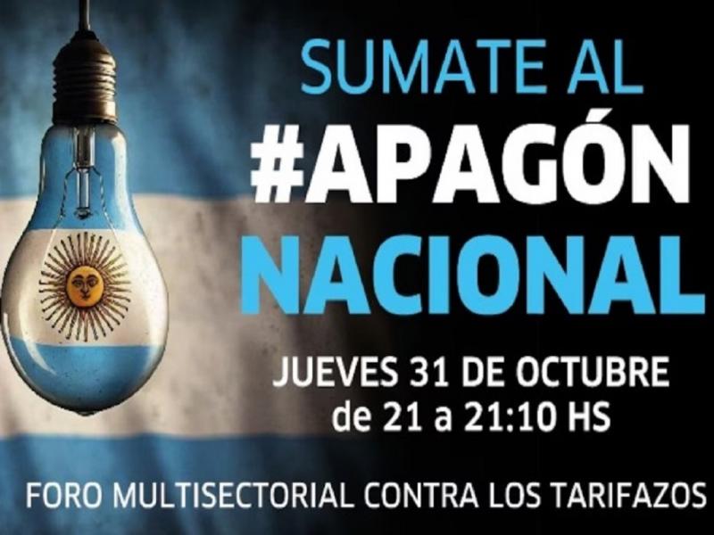 El Foro trabaja mancomunado desde hace tiempo, esta semana tom la decisin de pasar a la accin ante los anuncios de nuevas subas en las tarifas, convocando a un apagn nacional para el 31 de octubre entre las 21:00 y las 21:10 horas.