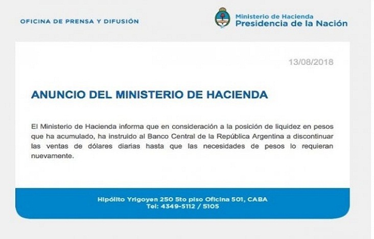 El Gobierno haba anunciado el 1 de agosto una reduccin de u$S 100 a u$s 75 millones en el monto de subastas diarias que realiza el Banco Central, decisin que se extendi durante los primeros tres das del mes y que a partir de all pas a u$s 50 millon