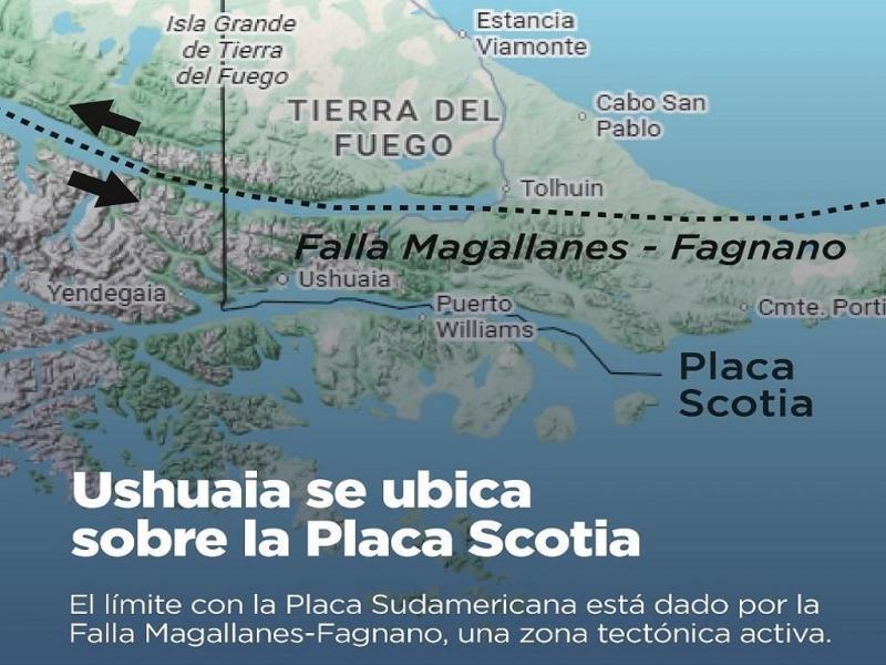 Tierra del Fuego se encuentra ubicada sobre una frontera tect�nica activa, en el punto de contacto entre la placa Sudamericana y la placa Scotia. Este l�mite da origen al sistema de fallas Magallanes-Fagnano.