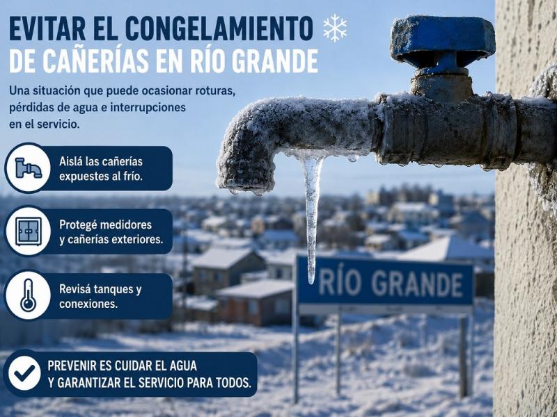 Defensa Civil Municipal solicita a los riograndenses reforzar los cuidados sobre las instalaciones sanitarias domiciliarias y comerciales para evitar el congelamiento de ca�er�as. Ante cualquier emergencia llamar al 103.